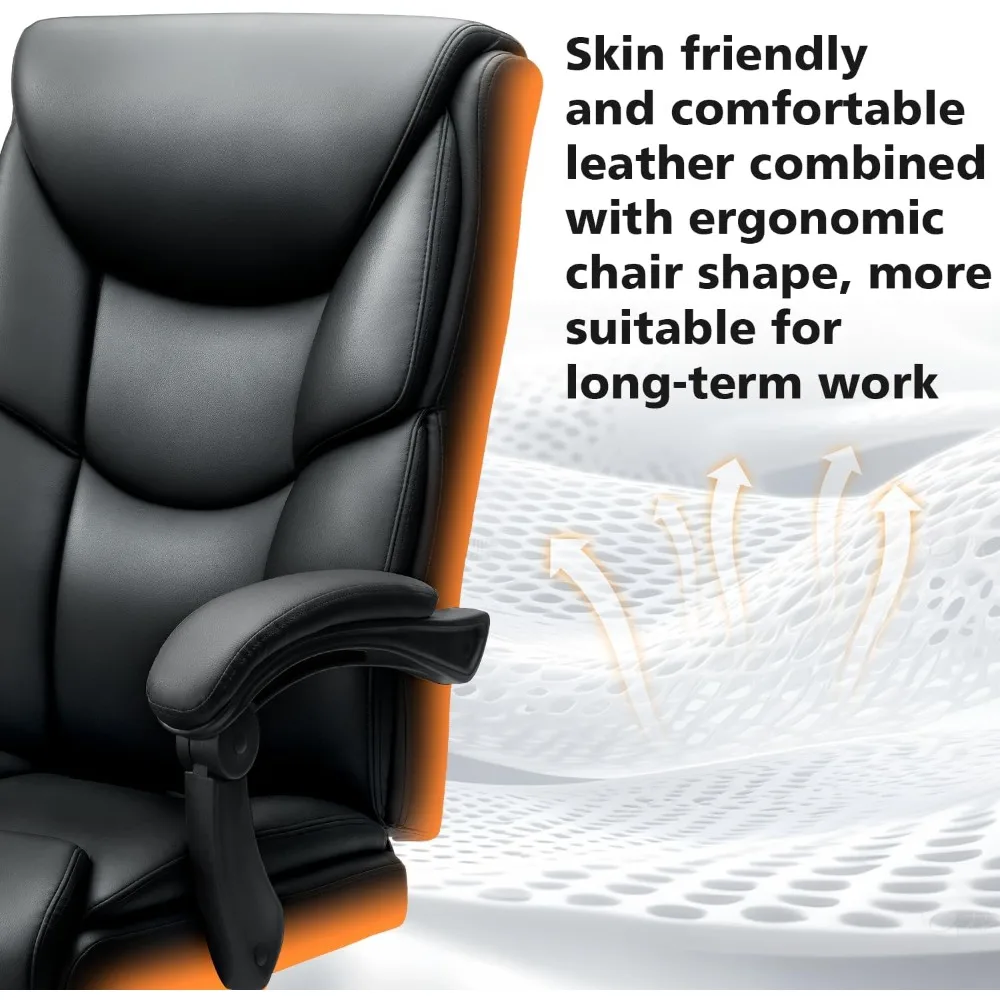 Cadeira de escritório de 400 libras com descanso para os pés, cadeira de escritório grande e alta reclinável com almofada de mola de apoio lombar, couro PU com encosto alto