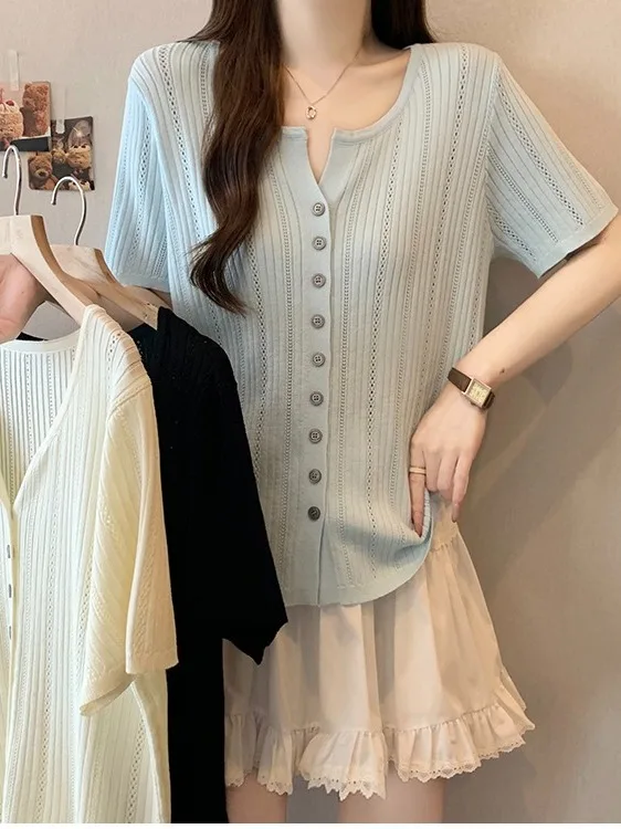 

plus Size Lazy Style Casual Knitted Ice Silk Short Sleeve Women's Shirt Summer New Slimming Versatile Top High Waist Design