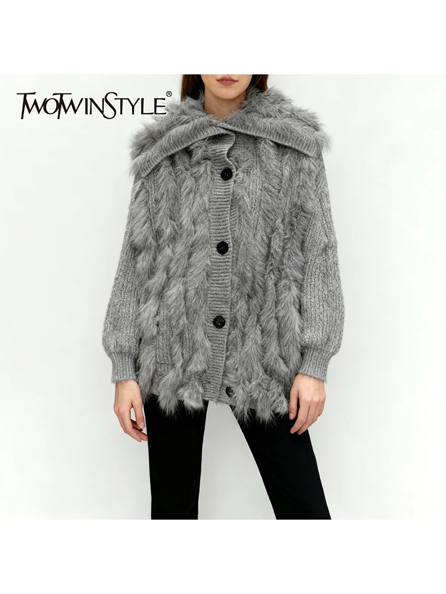 TWOTWINSTYLE Solid Loose Spliced Fur Casual Cardigans for Women Lapel Long Sleeves Patchwork Single Breasted Cardigan Female New