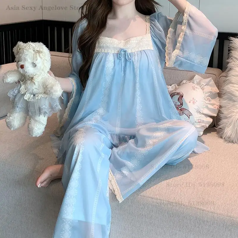 

Синяя милая одежда для сна, домашняя одежда, кружевной топ с квадратным воротником и длинными рукавами, брючный пижамный комплект, весенне-летняя ночная одежда, домашняя одежда