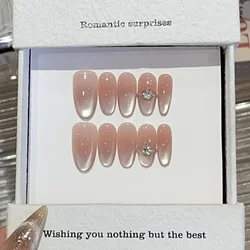 10Pcs Cat Eye French Short Almond Handmade Fake Nails with Diamond Decoration Design Nail Art Simple Fashion Press on False Nail