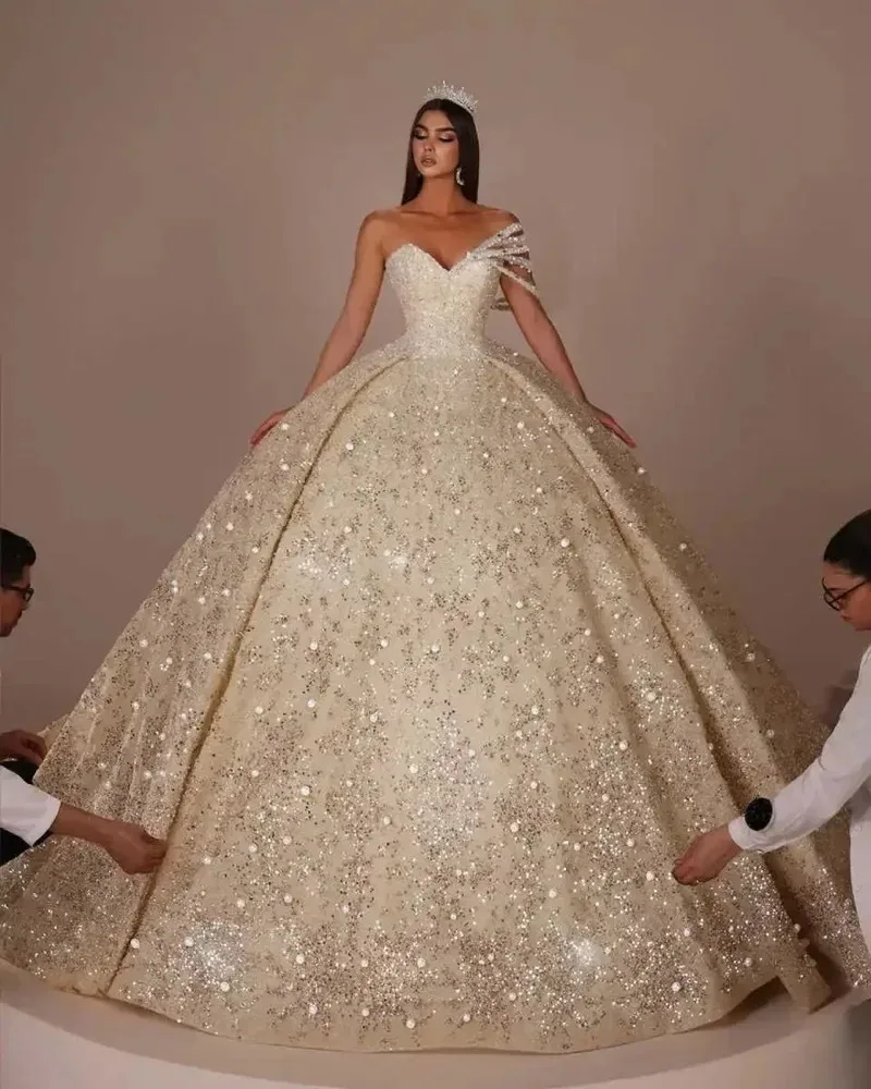 Customized New Sweetheart Neck One Shoulde Ball Gown luxurious Wedding Dresses Bridal Gown Sequins Beaded Vestido De Novia