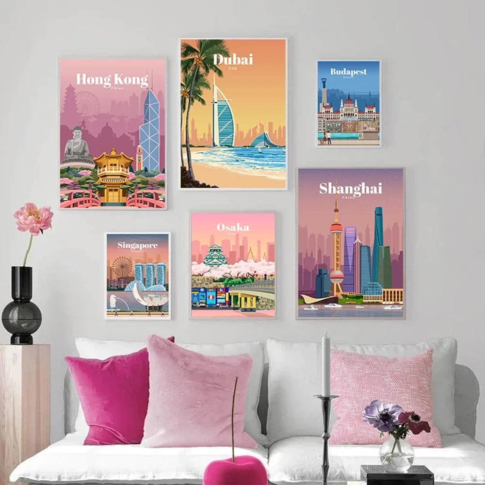 World City Landscape Montreal Prague Kyoto Bali Poster Prints Nordic Style Picture Cartoon Landscape Home Decor Canvas Painting