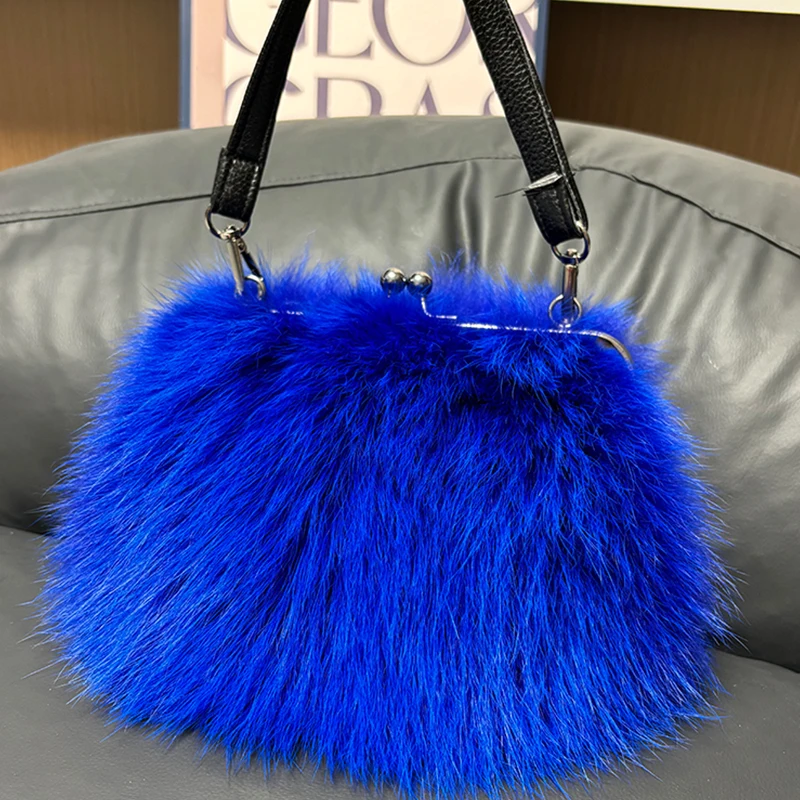

High-end Fashion Pure Raccoon Fur Handbag Women Samll Handbags Fluffy Plush Ladies Chain Shoulder Bag