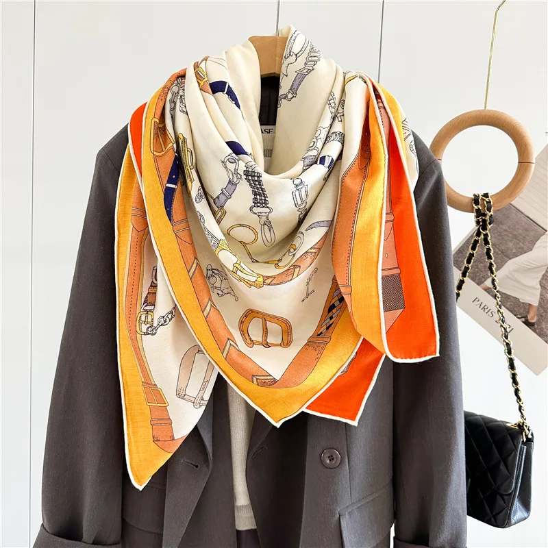 Womens Winter Wool Blanket Scarf Shawl 2024 Double Sided Printing Ladies Winter Warm Scarves Wraps Poncho 135x135CM