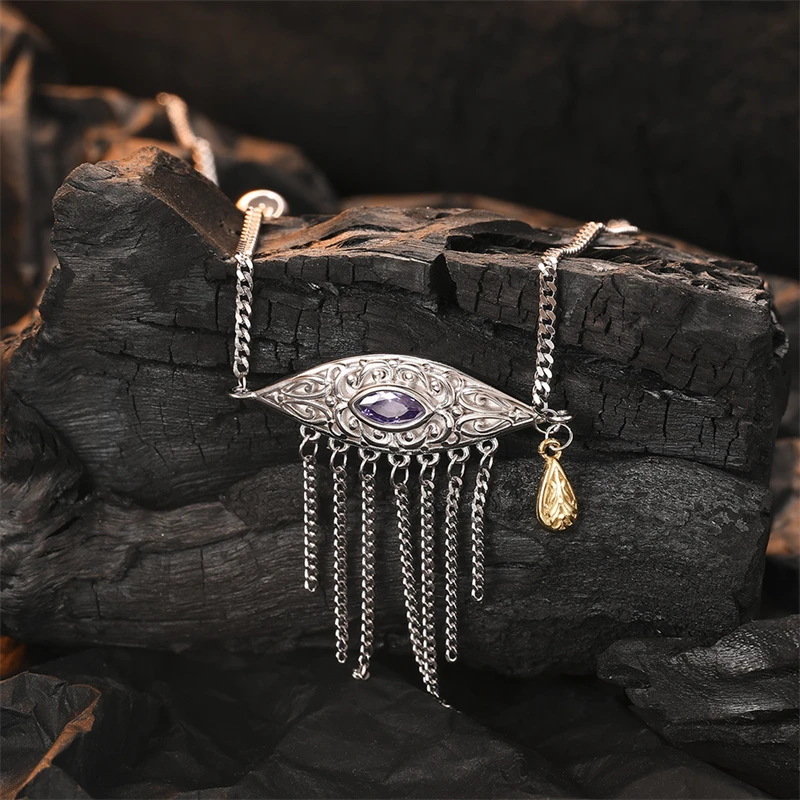 

925 Sterling Silver Tassel Evil Eye Pendant Necklace for Women Unique Design Exquisite Zircon Light Luxury Jewelry Accessories