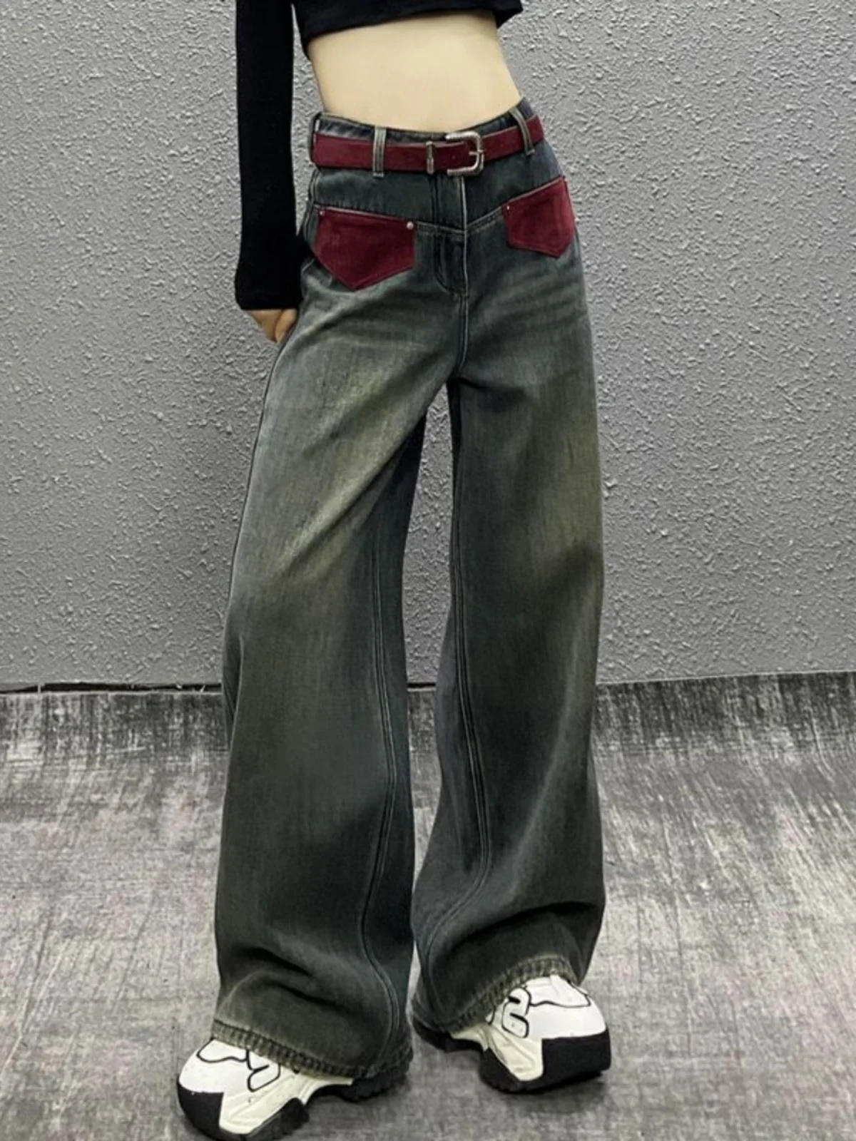 

Trendy Color Block Decorative High Waist Draped Denim Pants Women's New Style Loose Slimming Straight Leg Wide Leg Pants