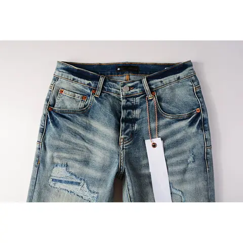 Erkek Amerikan Yüksek Sokak Moda Stil Sıkıntılı Açık Mavi Streç Sıska Hasarlı Delikler Ham Hems Düğme Fly Yırtık Kot Erkekler