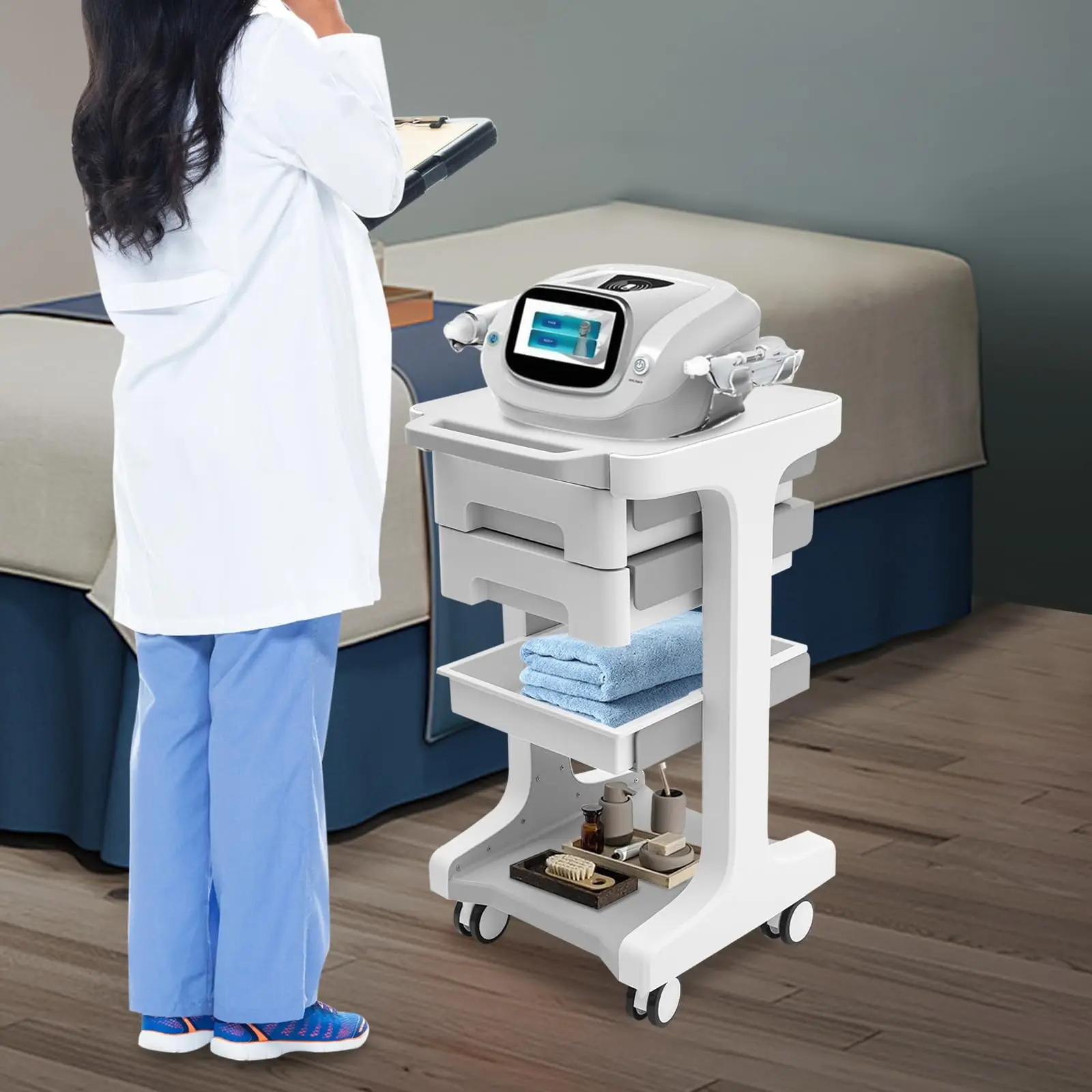 3-х уровневая медицинская тележка на колесиках с 2 ящиками, профессиональная универсальная тележка, тележка на колесиках для салона красоты с 4 колесами, ультразвуковая тележка