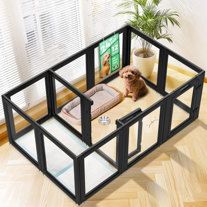 

Acrylic 12-Panel Indoor Dog Playpen – 24 Height, Puppies & Small Dogs, Portable Freestanding Pet Enclosure, Black