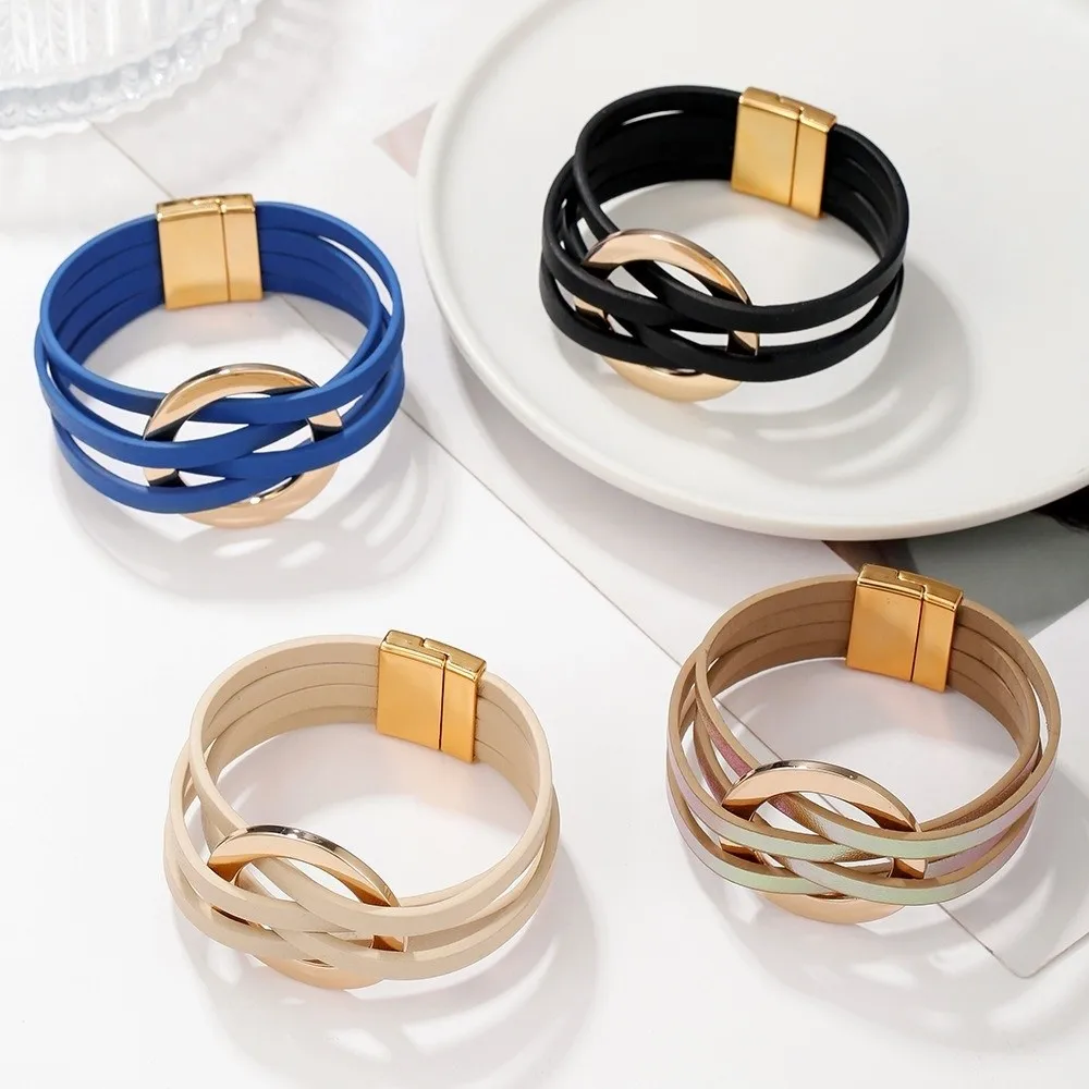 Bohemian Style Leather Bracelets Adjustable Wrap Closure Leather Surface Wide Wrap Bracelet Hollow Circle Bracelet For Women