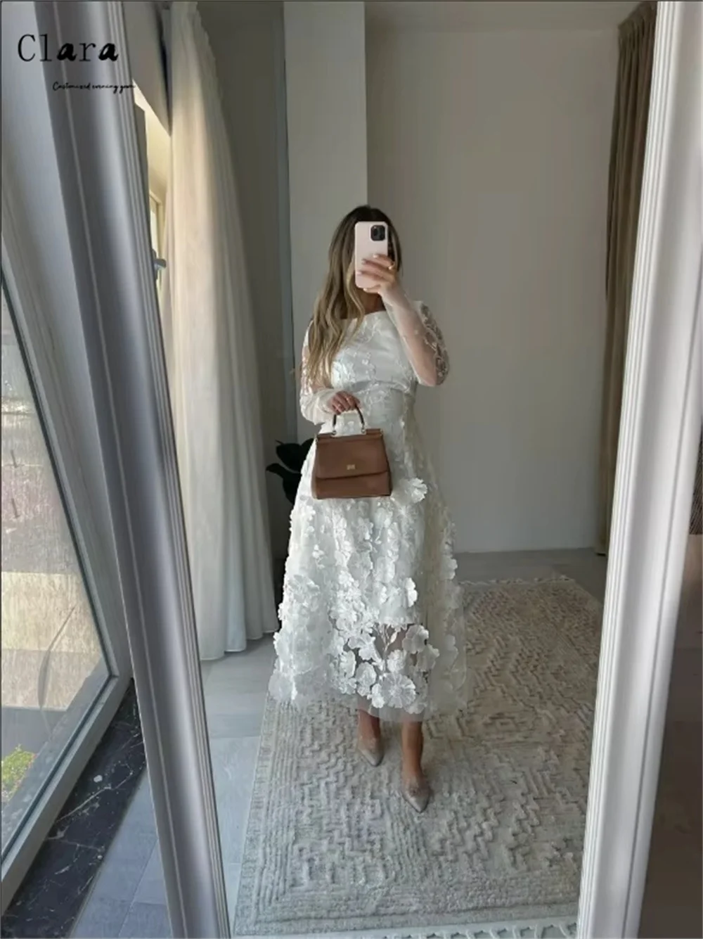 Clara Custom Weiße Blume Hohl Lange Ärmel Abendkleider Frau Elegante Lange Party Kleider 2025, Frau Luxus Abendkleid