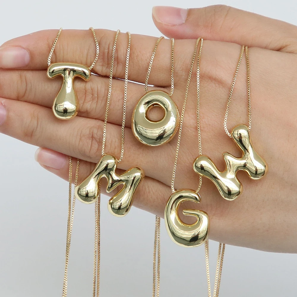 Gold Plated Balloon 26 Letter Necklaces Smooth Stainless Steel Bubble Initial Pendant Chunky Women Personality Chain Jewelry