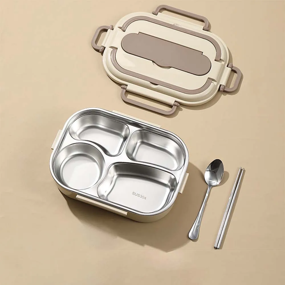 صندوق بينتو من الفولاذ المقاوم للصدأ 304، صندوق طعام بأربعة حجرات مع وعاء حساء، عيدان تناول الطعام وملعقة، مناسب للعاملين في المكاتب #6