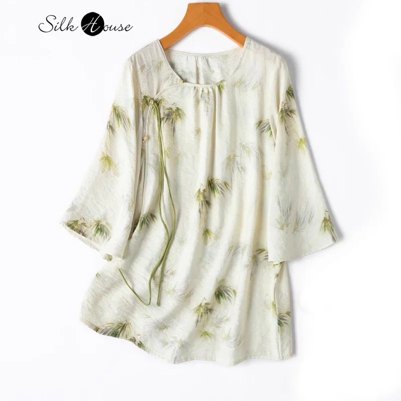 New Chinese Style 76% Natural Mulberry Silk Bamboo Printed Dry Silk Round Neck Three-quarter Sleeve Top Women's Fashion T-shirt