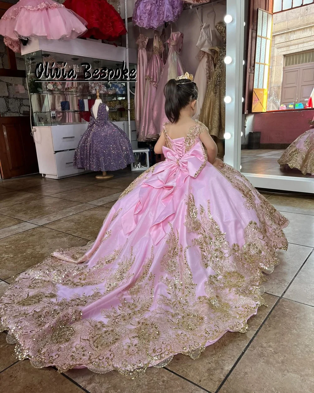 Gold Sequined Lace Appliques Pink Flower Girls Dresses With Bow Spaghetti Girl's Birthday Princess Prom Dress Customized
