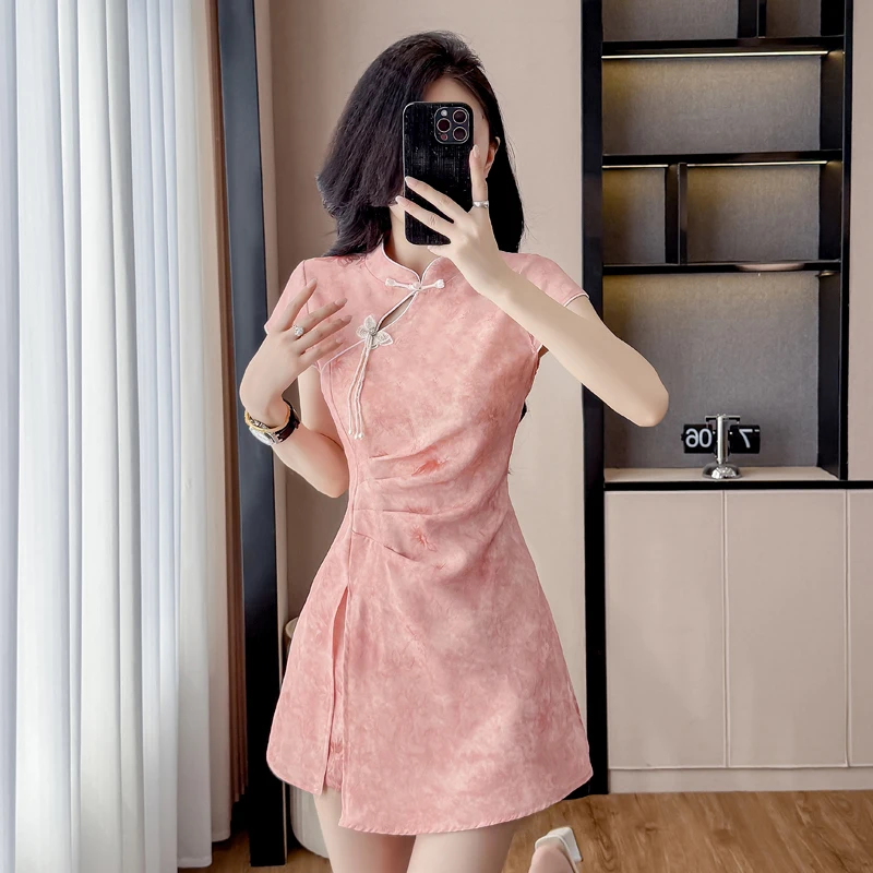 New Chinese Style Cheongsam Set Jacquard Stretch Dress + Shorts Ruched Slit Short Design Dresses Outfit Female 2026 New Suits view 5