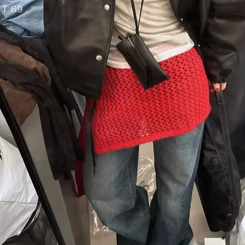 

American Street Style Solid Color Mesh Skirt Fashionable All-Match Hollow Knitted Short Skirt Women With Lace-Up Butt Curtain