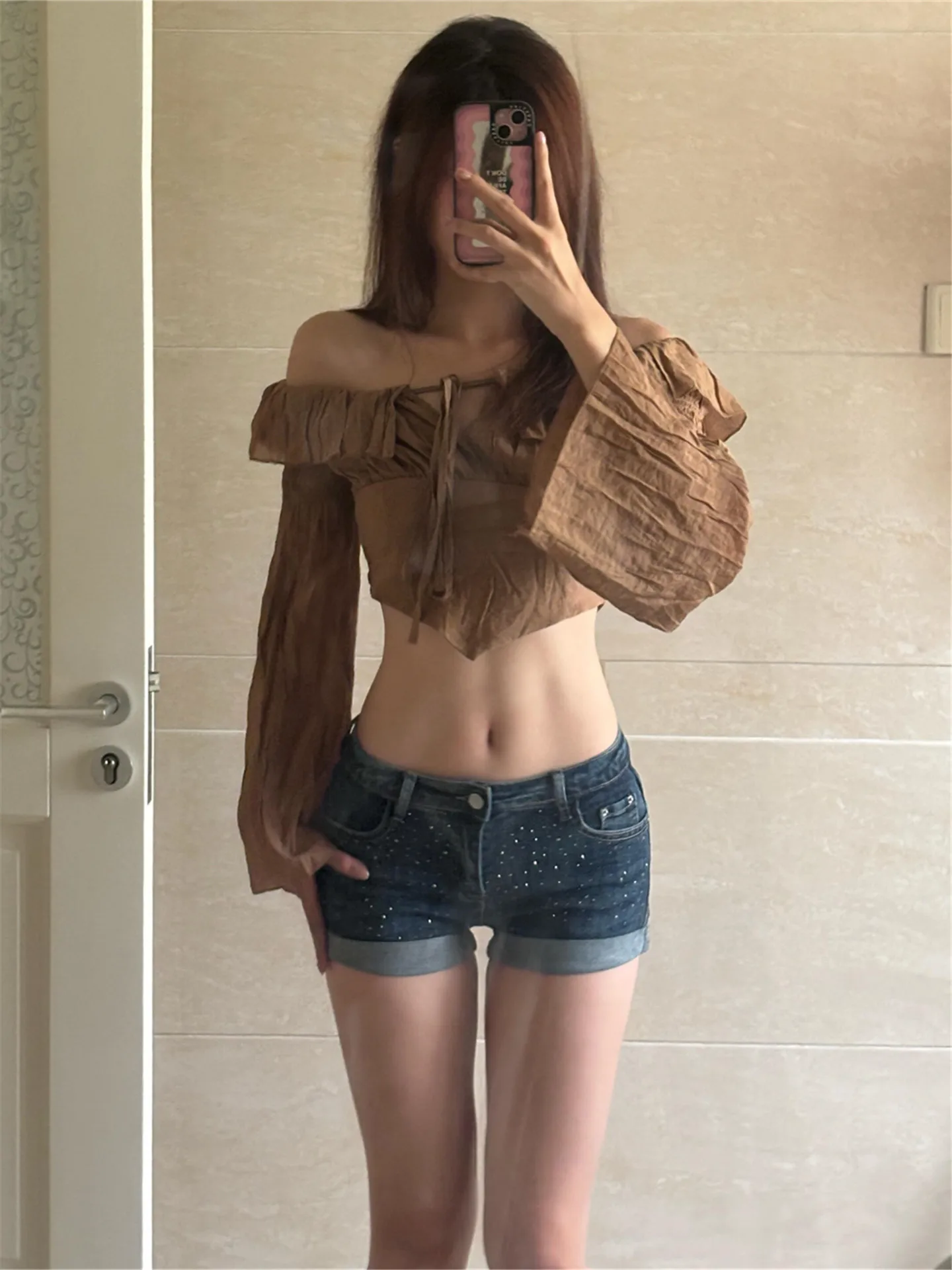 Sexy American Vintage Low Waist Denim Shorts Women Summer Slimming Hot Pants Flip  Rhinestone Embellished Bodycon Cotton