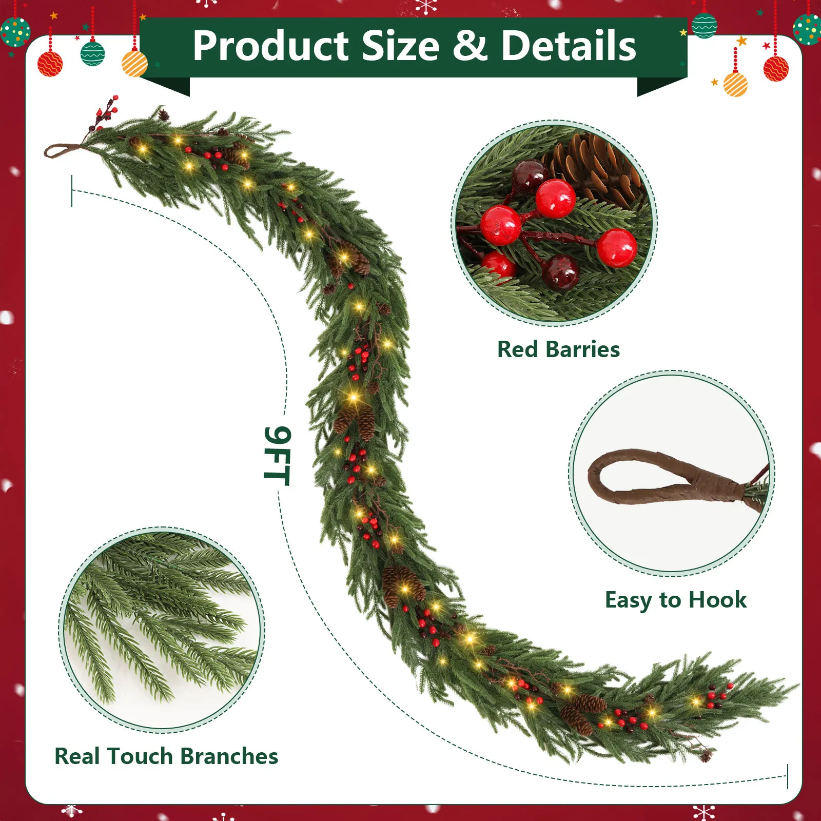 

9FT Real Tough Garland with 100 LED Lights, Battery Operated Holiday Decoration for Stairs Mantle Door, Indoor and Outdoor Use