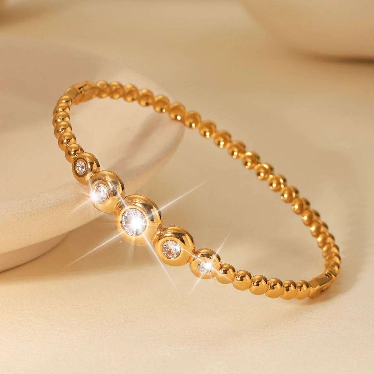 

Huangchao Bead-Shaped Bracelet with Rhinestones for Women, Stainless Steel 18K Gold Plated Bangles Fashion Jewelry Accessories