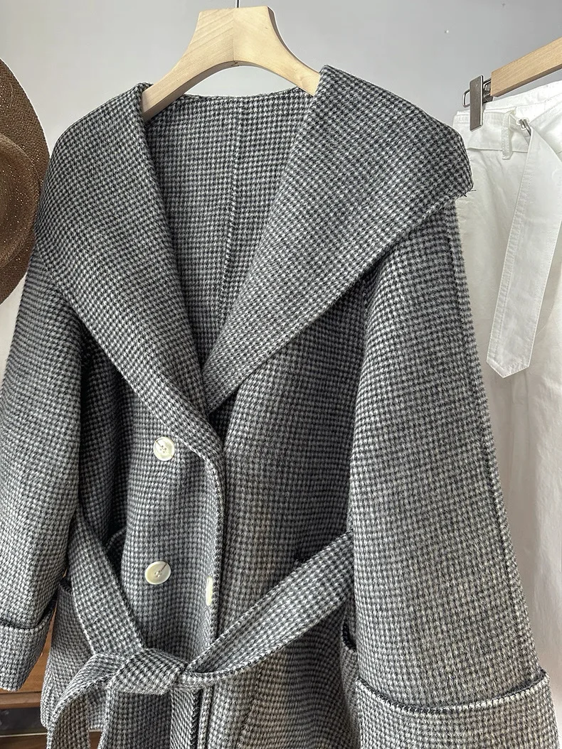 Handmade Double-Sided Woolen Coat with Hood for Women Versatile Autumn Winter Fashion Commute Style Long Sleeve Plaid Pattern