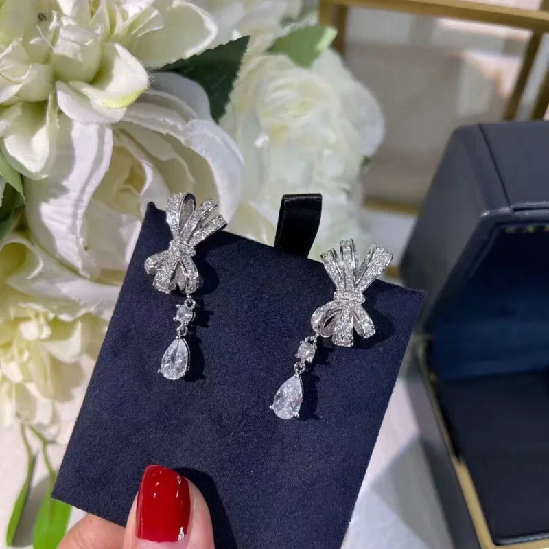 925 sterling silver full diamond bow, water droplet fringe earrings, fashionable design, light luxury earrings, women's gift