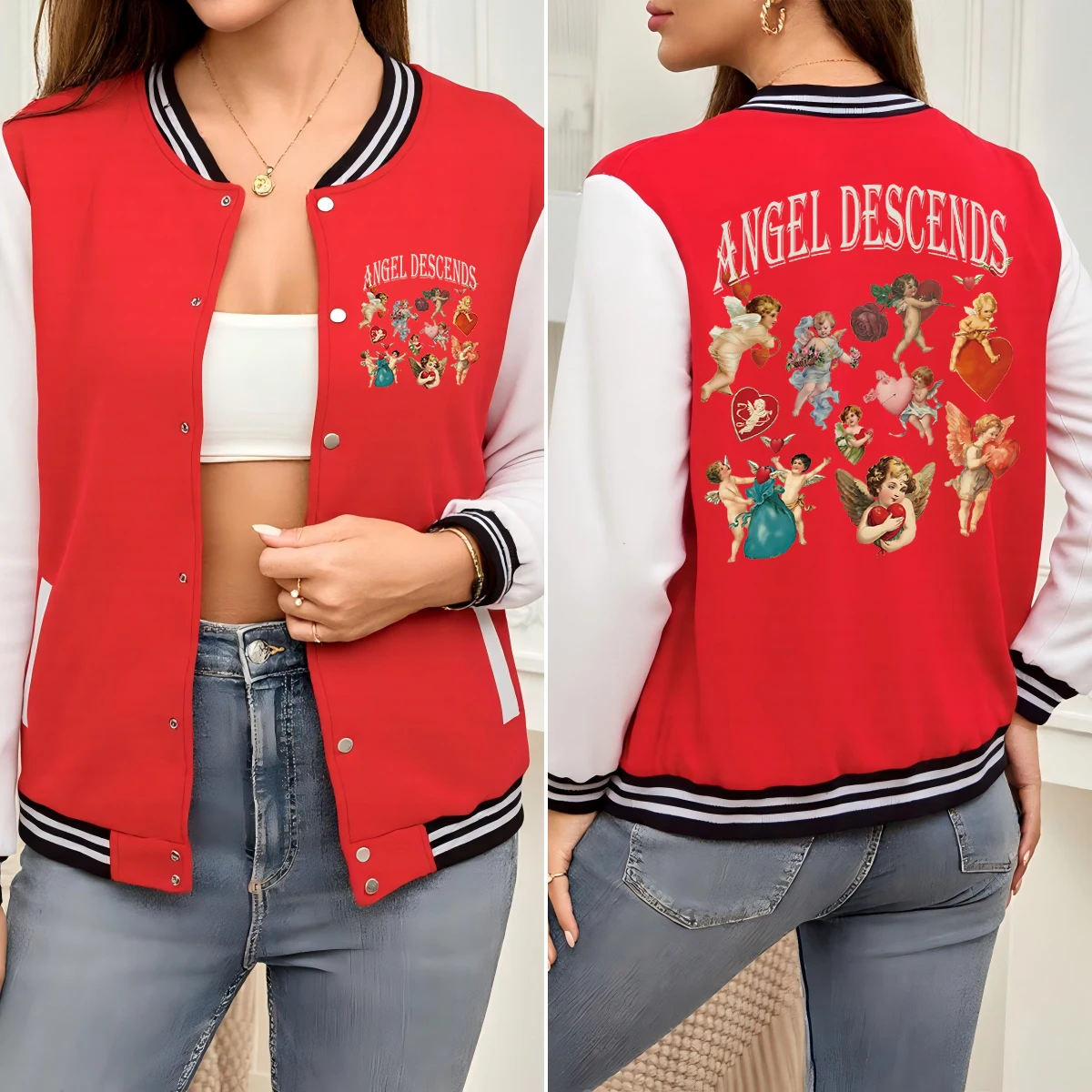 

Many Angel Descends Printing Woman Baseball Uniform Fashion Colorful Jackets Loose Autumn Clothes Street Cotton Sportswear