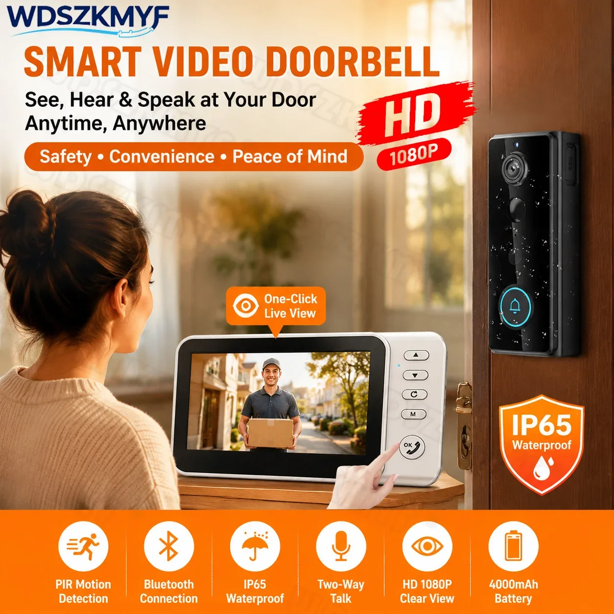 New Waterproof Doorbell Camera 4.3in IPS Screen Wireless Two-way Intercom Doorbell PIR motion sensor Smart Home Security Video