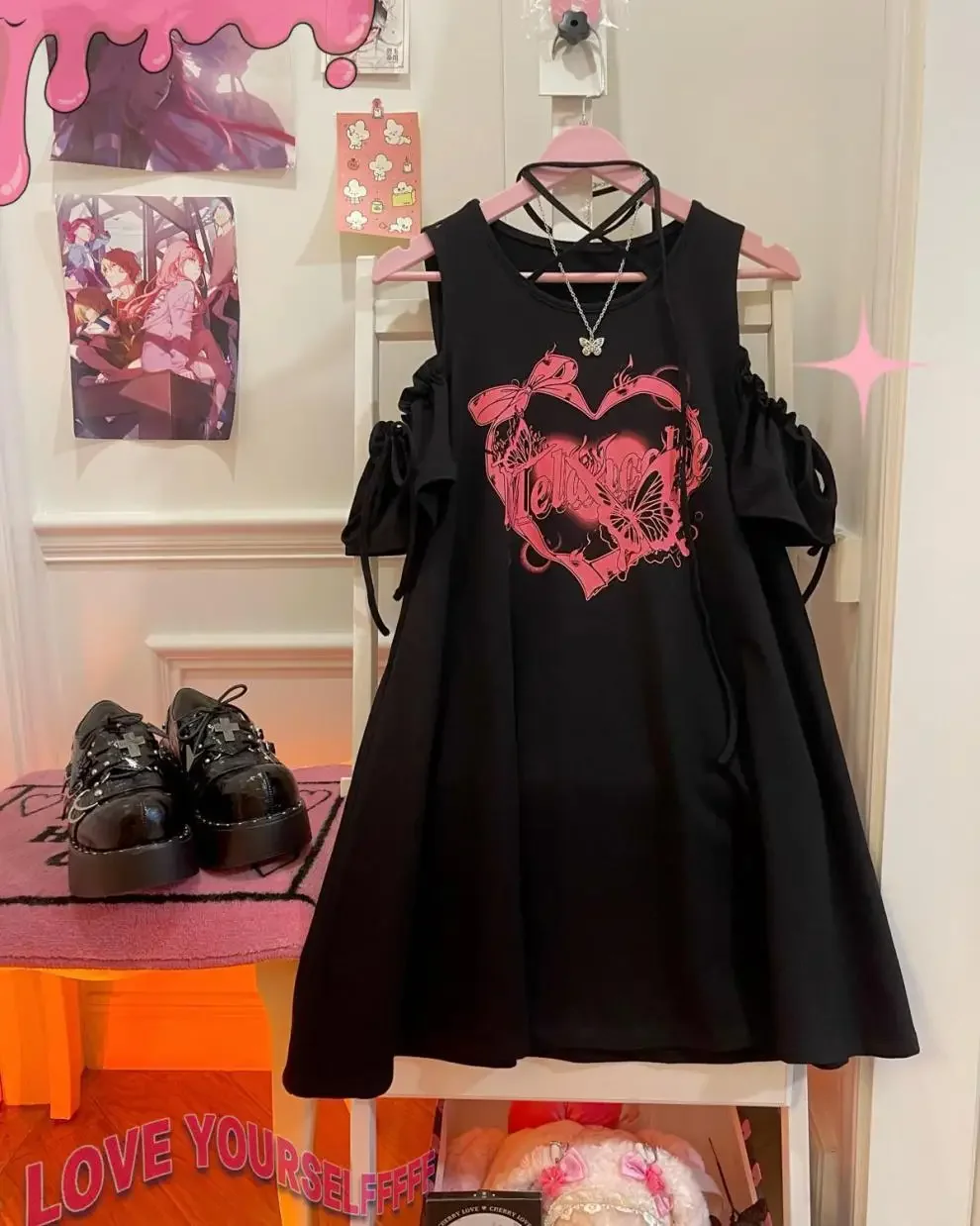 Sweet and Spicy Ashes Heart Bow Strap Off Shoulder Subculture yk Printed T-shirt Skirt Summer New