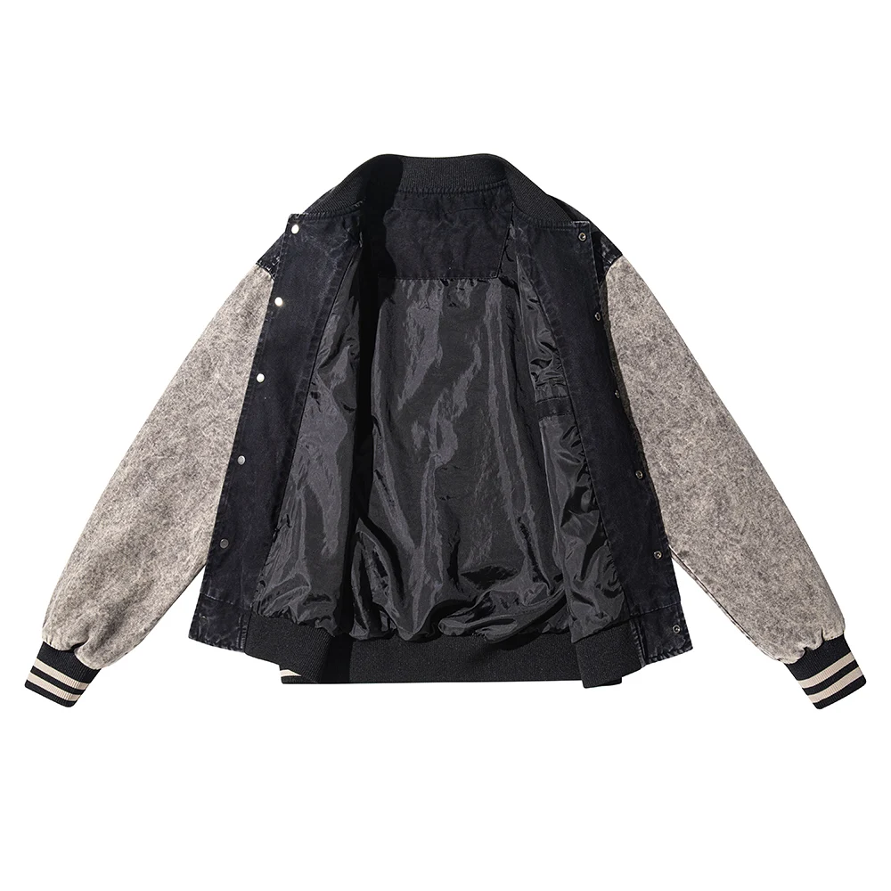 Herren Vintage Washed Denim Varsity Jacke Farbblock Knopfleiste Mantel Locker Sitzende Passform Lässige Herbst-Winter-Oberbekleidung – Detail 8