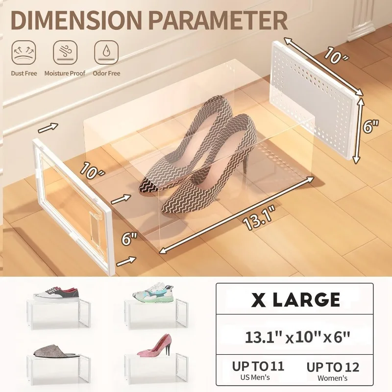 Organizador de sapatos empilháveis de plástico transparente Grandes caixas de armazenamento para armário Economia de espaço modular Caixas de tênis Pacote de 12