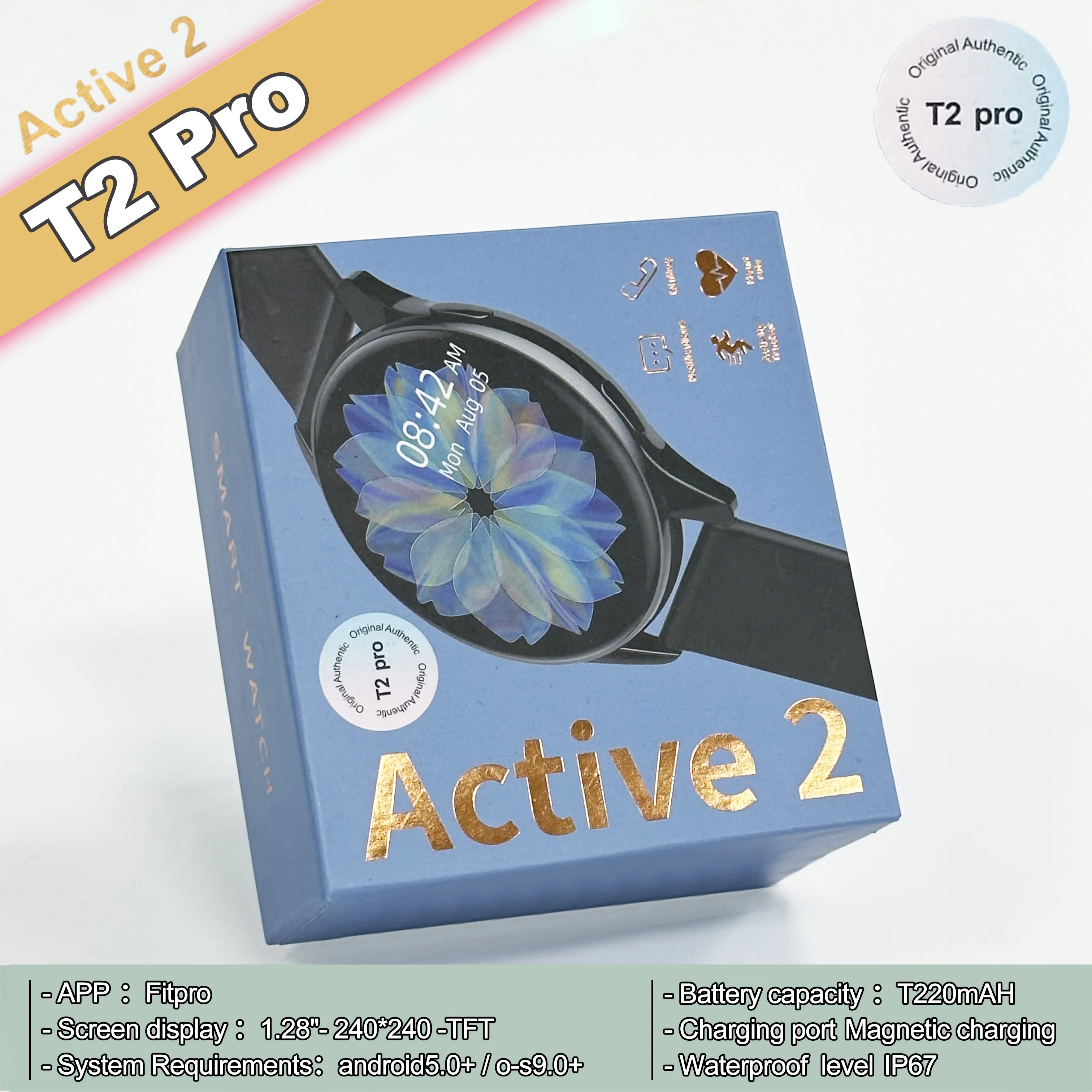 T2 Pro Active 2 Smartwatch 1.28 pollici IP67 schermo rotondo impermeabile Bluetooth chiamata frequenza cardiaca modalità sportiva Smart Watch per