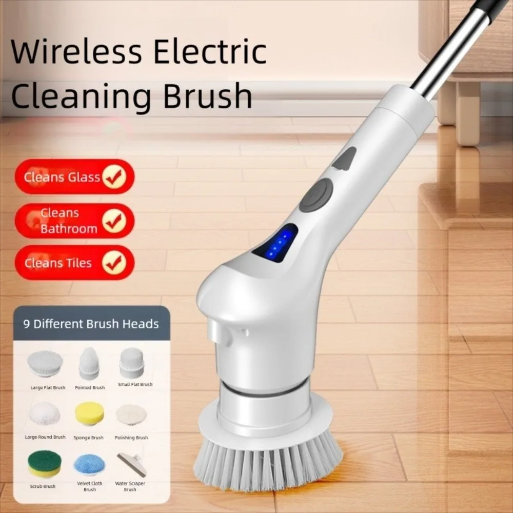 Buy 1 take 9 Electric Cleaning Brush Handheld LED Electric Spin Scrubber Multi-functional Cordless Floor Cleaning Brush Home