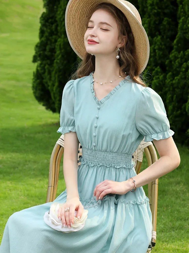 I BELIEVE YOU Green French Women Dresses Office Lady 2023 Summer New V Neck Elastic Waist Female Dresses A Line 2303001370