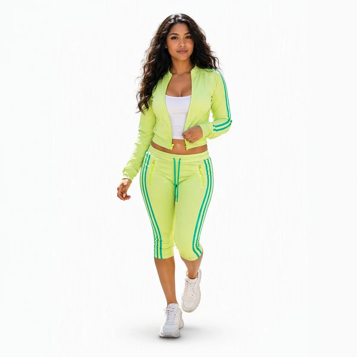Women Striped Two Piece Tracksuit Zip Cropped Jacket Drawstring Capri Pants Casual Streetwear Sport Matching Outfit Set