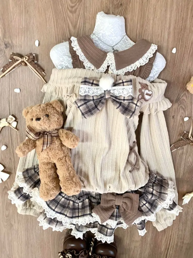 Wiosenne dzianinowe słodkie kawaii lolita eleganckie komplety dwuczęściowe damskie z kokardą, sweter + elegancka spódnica w kratę, popularne w stylu koreańskim. ​ Ubrania