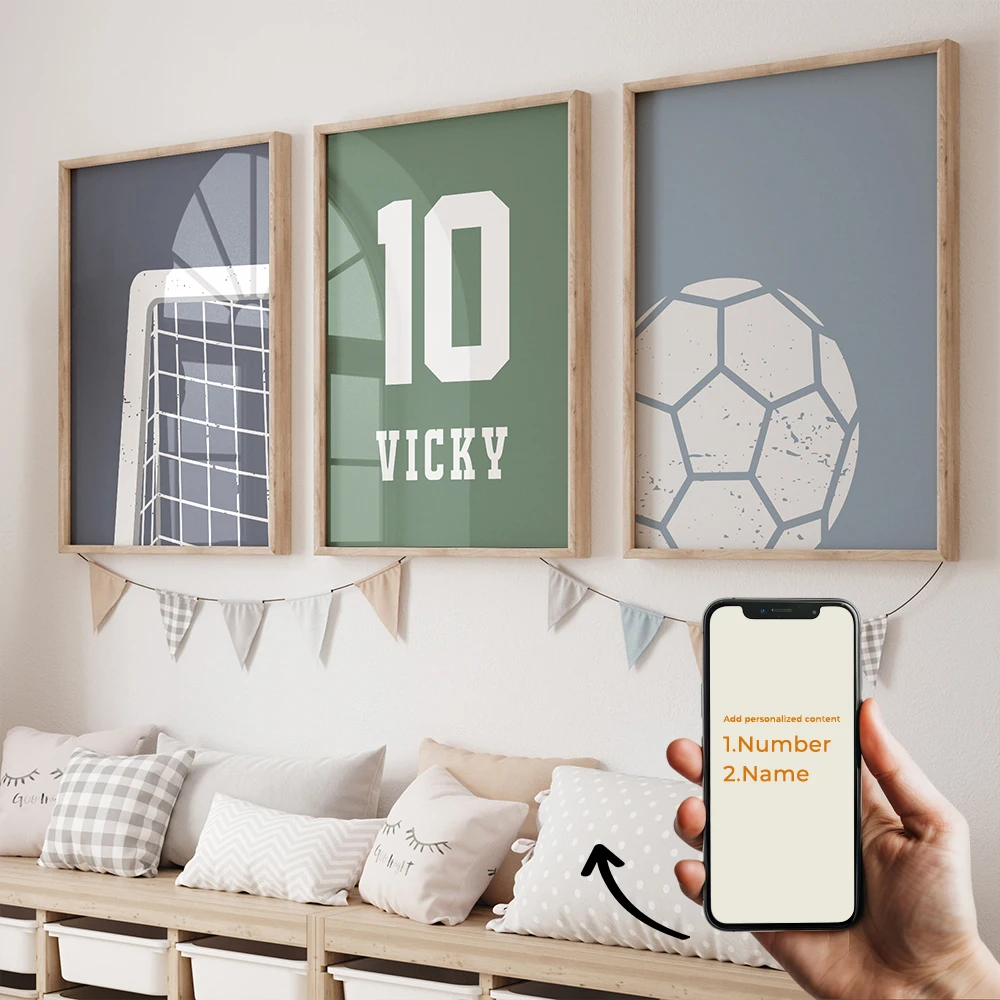 3 Stück personalisierte, individuelle Cartoon-Fußball-Wandkunstdrucke mit Namen für Wohnzimmer, Kinderzimmer, Heimdekoration, Geschenk
