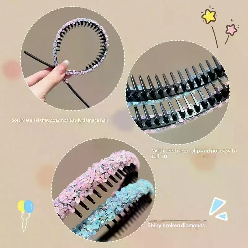 Nonslip Rhinestone Toothed Elastic Hair Hoops Shiny Unique Hair Accessories for Women New Year Christmas Party Wear