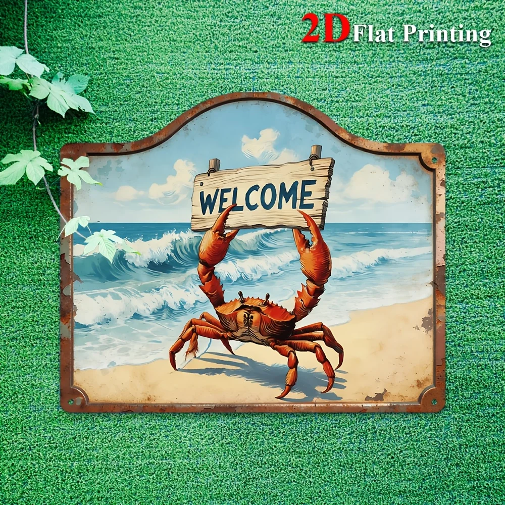 2D Flat, 1pc Vintage Crab Welcome Sign Metal Wall Decor - Rustic Coastal Crab Holding Welcome Sign Suitable For Beach House