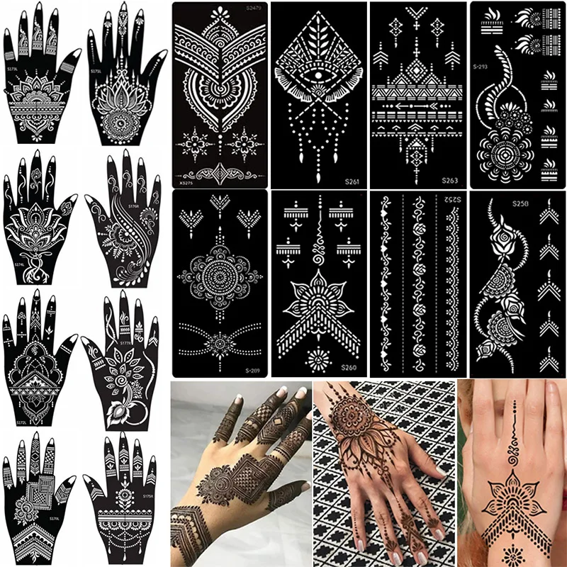 16 Sheets Henna Tattoo Sticker For Hands Tattoo Temporary Waterproof Templates Tattoo Stencil For Wedding Makeup Party Supplies