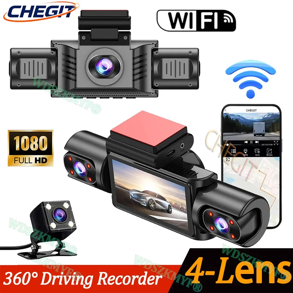 

New 360 dash cam 3/4 channels wifi car dvr dashboard cameras for car 4way back box parking mode 24h front/rear interior camera