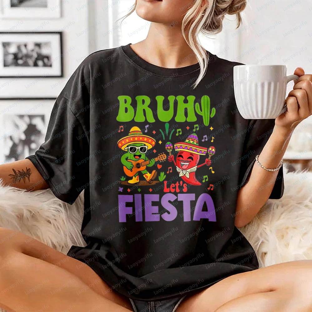 

Womens Cinco de Mayo Graphic T-Shirt Trendy Cactus Pepper Sombrero Tee Festive Celebrations Vibrant Print Women's Cotton Tee