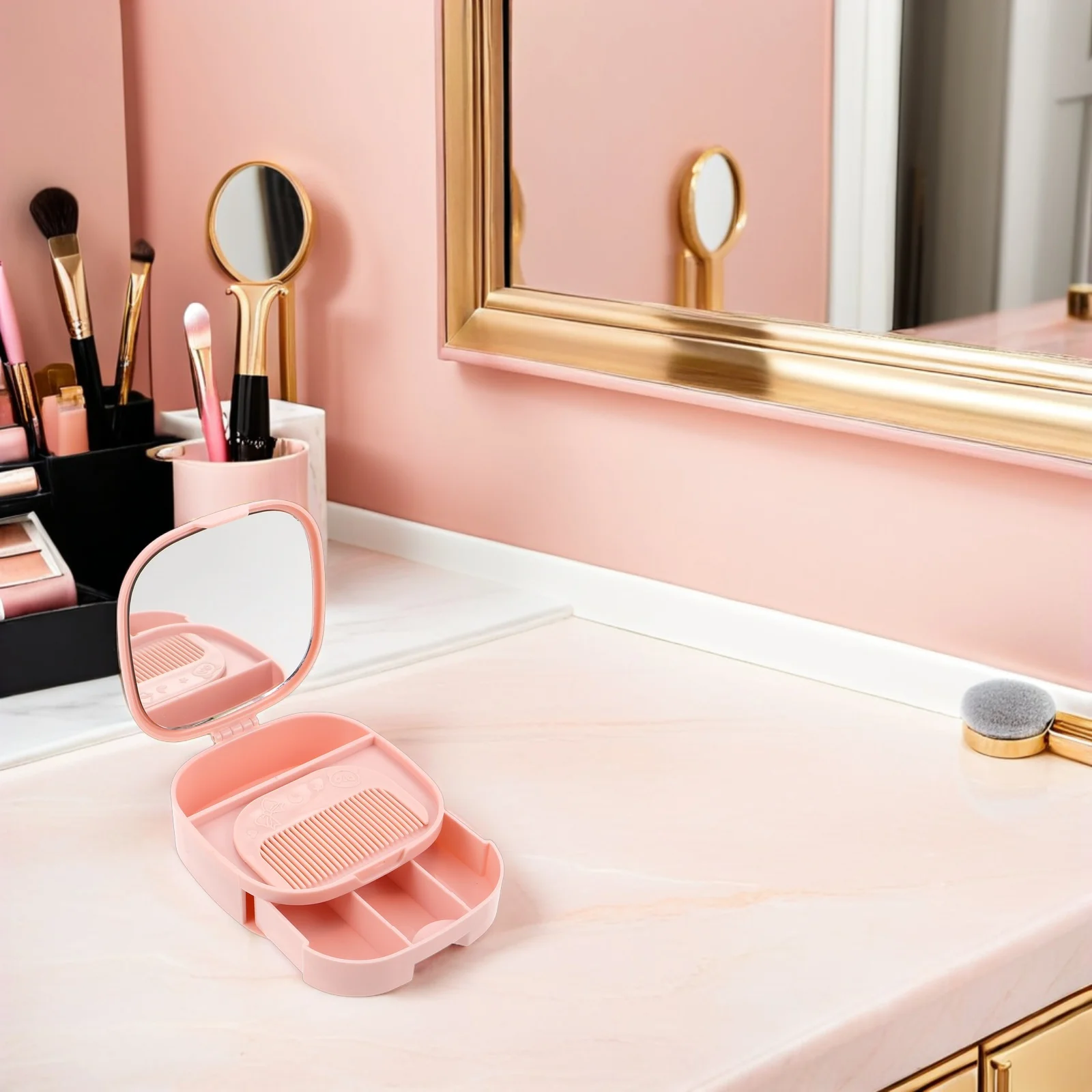 3-delige make-upspiegel met opbergdoos Draagbare make-up organizer voor vrouwen Bureauspiegel Compacte make-up ijdelheid Make-up organizer