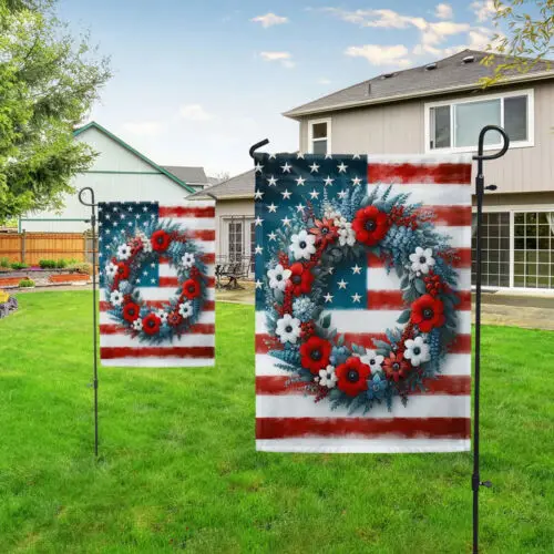 Floral Wreath 4th Of July American Flag Garden Flag