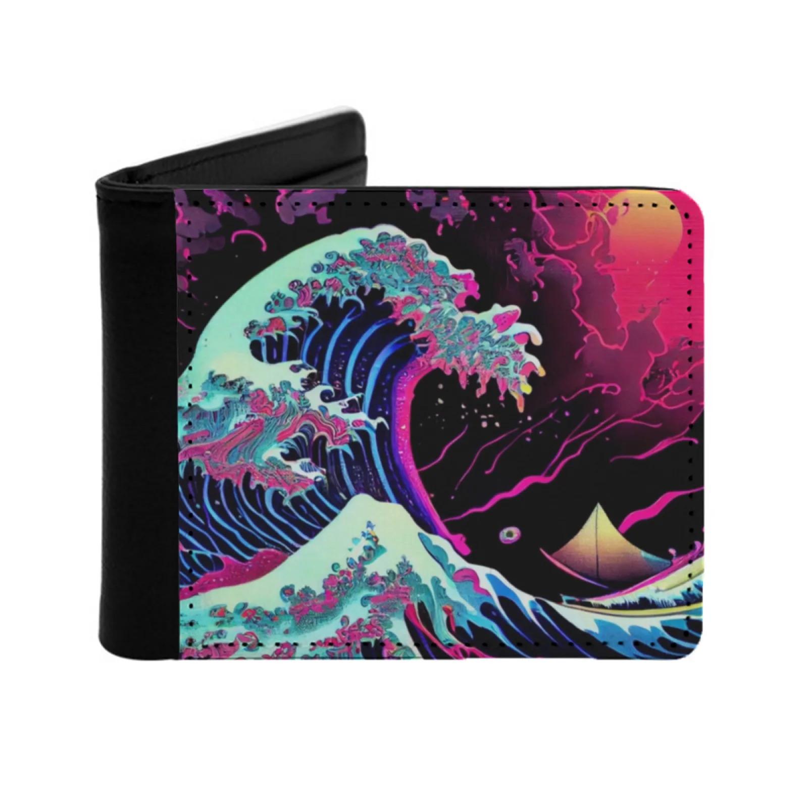 

The Great Wave Off Kanagawa Synthwave Dreams Retrowave Кожаные мужские кошельки для спальни Кошелек с держателем для кредитных карт Черный кошелек отличный