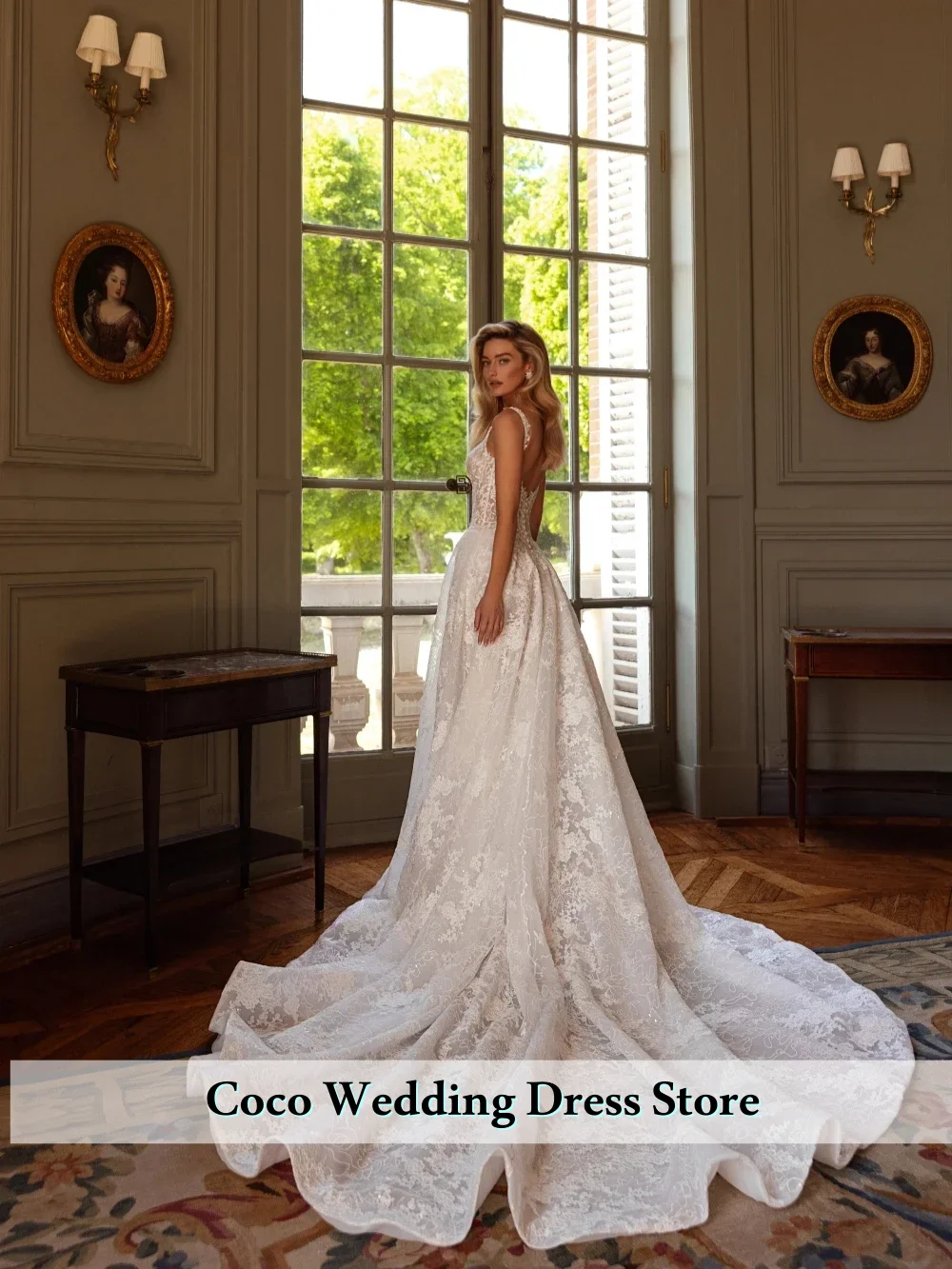 Customized Luxury Glitter Lace Appliques Wedding Dresses Square Neck Bridal Gown Charming A-line For Bride vestidos de novia