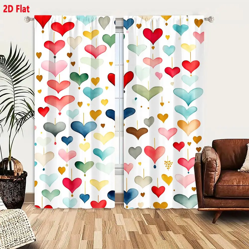 2Pcs Curtains 2D Flat Whimsical Seamless Pattern Heart Shapes Watercolor Textures Scattered Colored Hearts With Golden Lines Dec