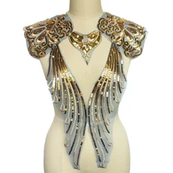 1 Set Gold Sequin Lace Fabric Noble Gown Appliques Blue Mesh Embroidered Tassel Sew Patch For Wedding Decoration Dress DIY