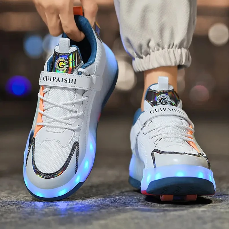 

Four wheels Sports Shoes 2025 Autumn USB Charging Fashion Girls Boys LED Light Roller Skate Shoes For Children Kids Sneakers